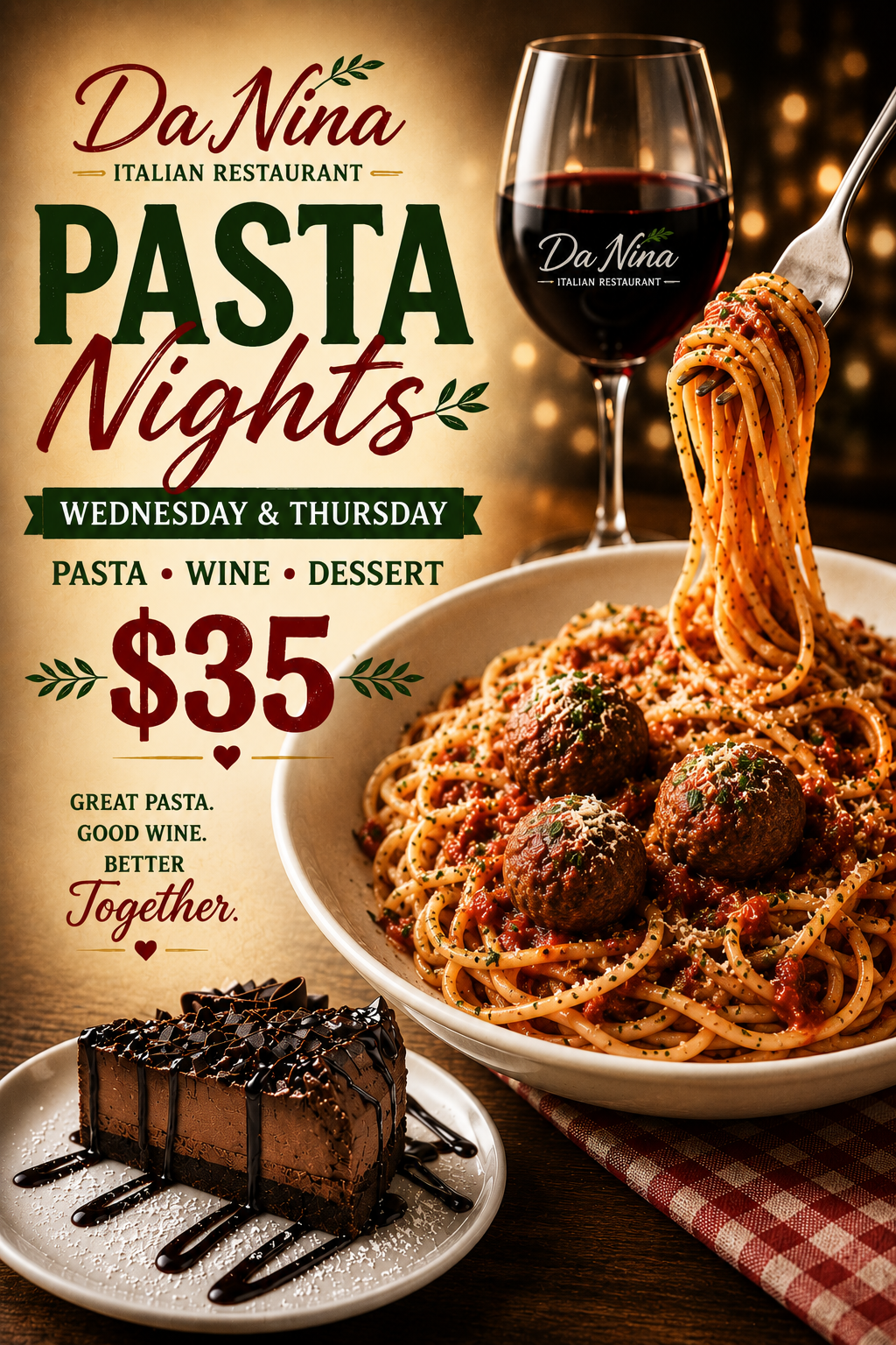 Da Nina Pasta Nights — Wednesday and Thursday — Pasta, Wine and Dessert for $35