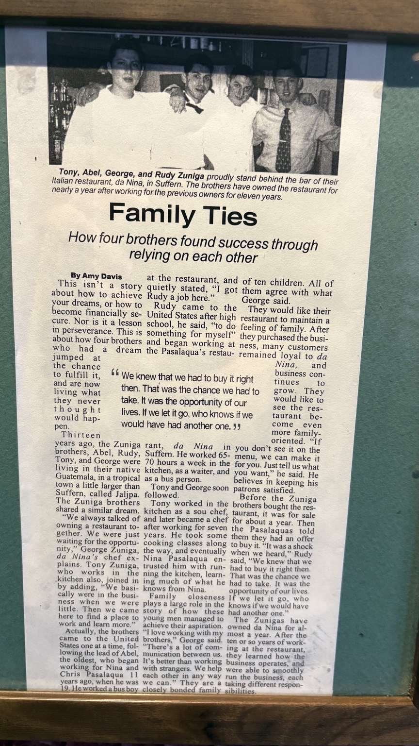 Family Ties newspaper feature about the Zuniga family and Da Nina