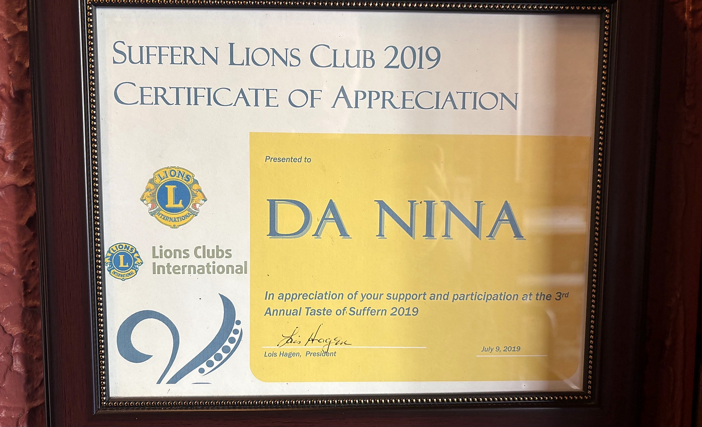 Suffern Lions Club 2019 Certificate of Appreciation presented to Da Nina