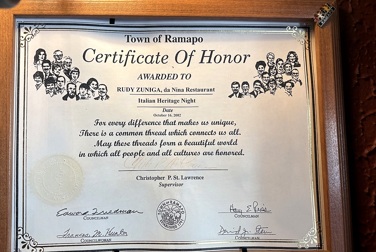 Town of Ramapo Certificate of Honor awarded to Rudy Zuniga of Da Nina Restaurant in 2002
