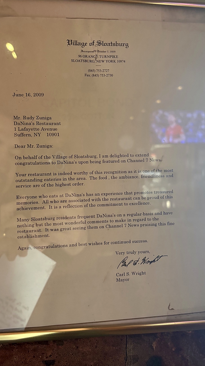 Village of Sloatsburg recognition letter to Da Nina dated June 16, 2009
